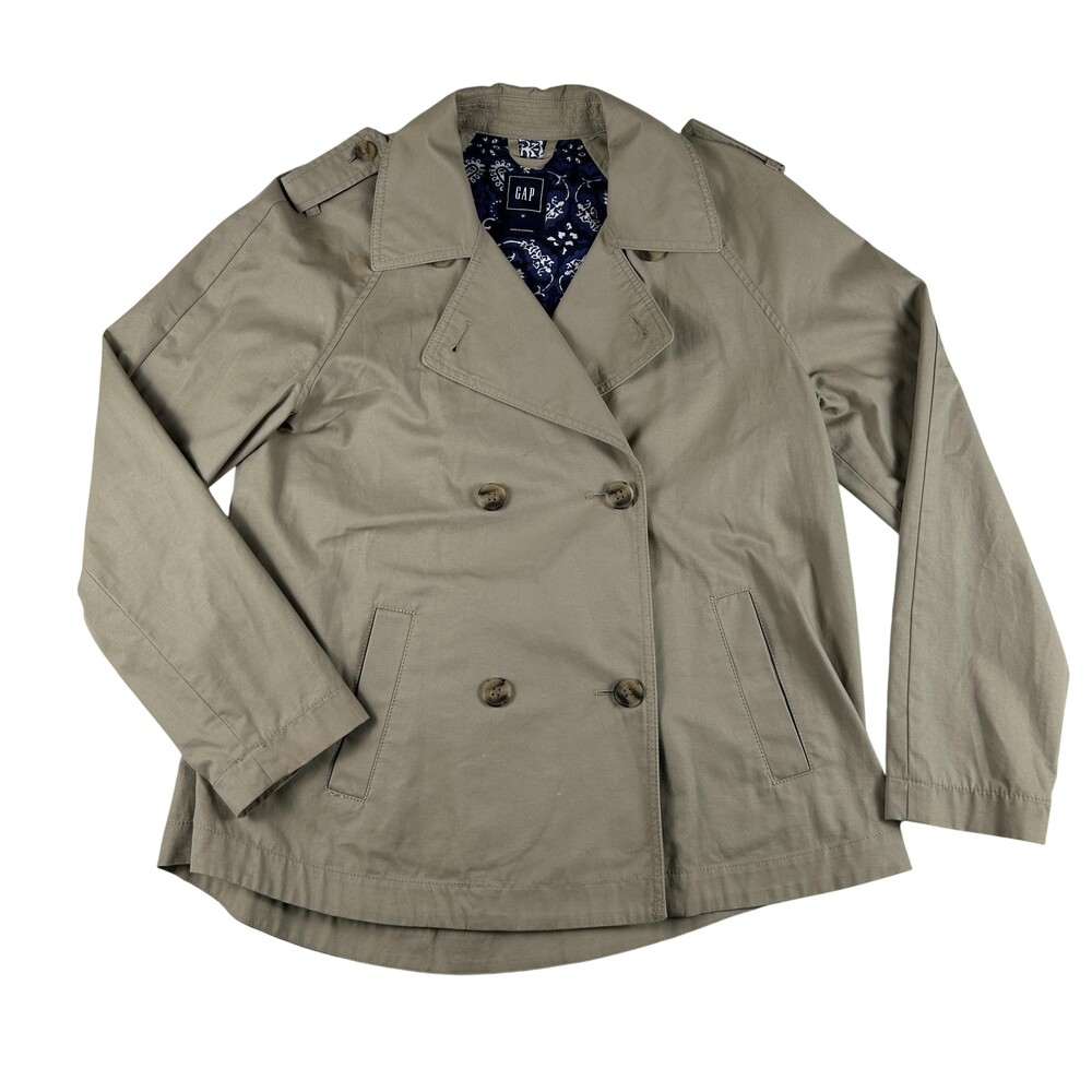 Gap Short Trench Coat Womens Medium Beige Cotton Lined Classic Double Breasted